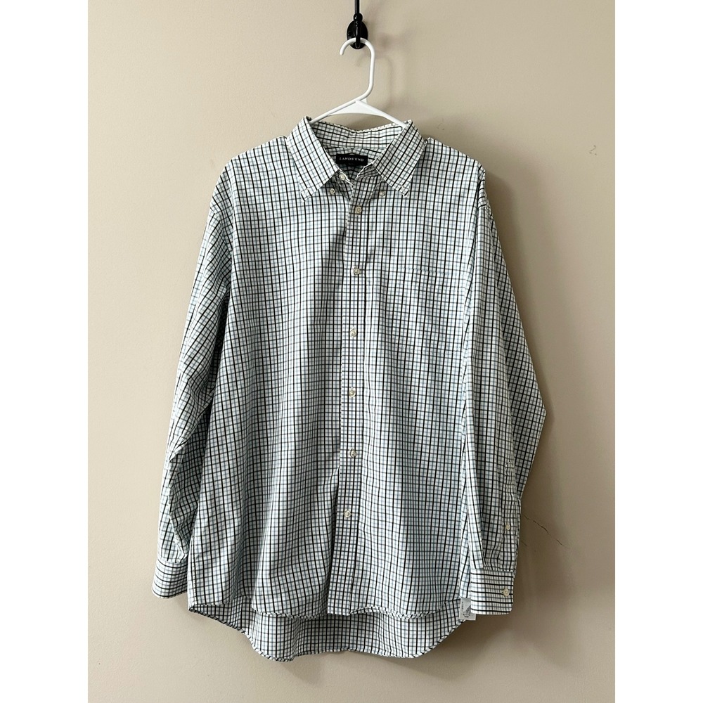 Lands End Mens Tattersall Check Button Down Shirt Green Blue 17.5 34 Long Sleeve